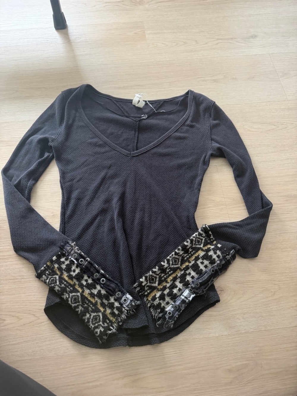 Free People Black Long-Sleeve V-Neck Top with Patterned Cuffs